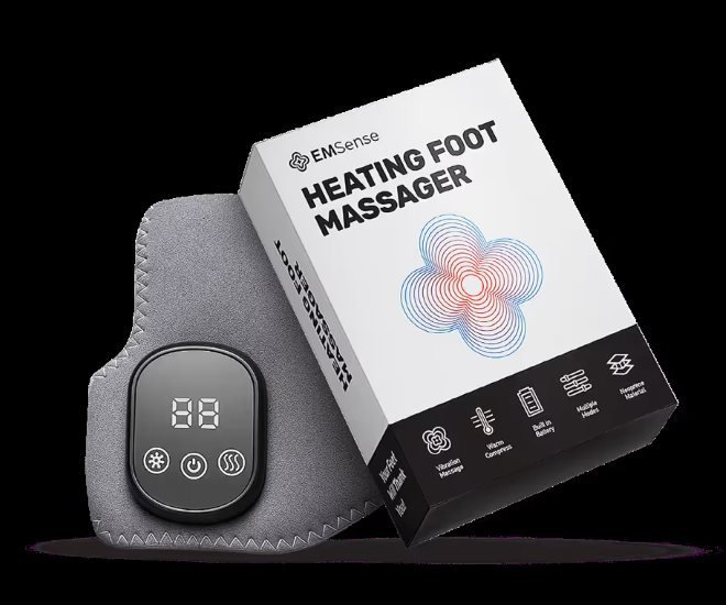 EMSense cordless heated foot massager wrap with its digital controller