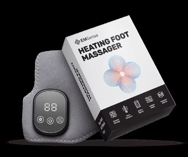EMSense heating foot massager neoprene wrap with digital controller and retail box, reviewed by Lume-Trixa