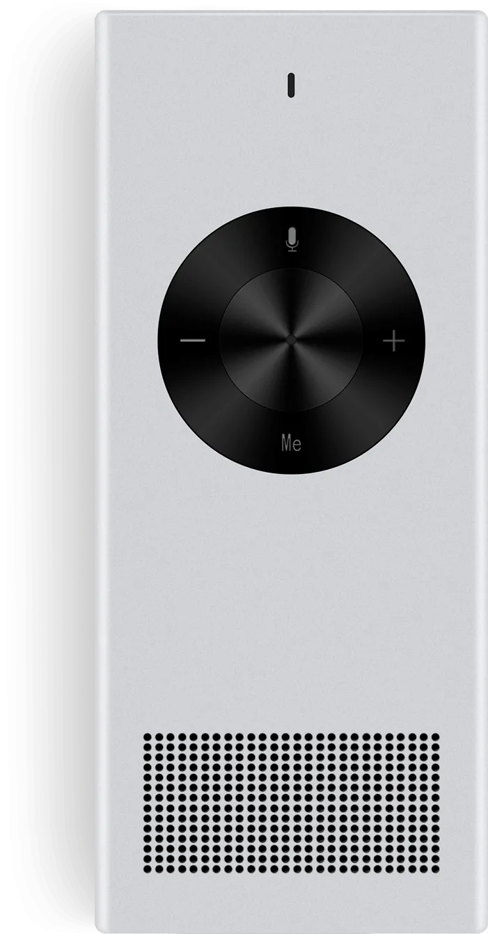 Front of the Enence Instant Translator showing the Me and microphone buttons and the speaker grille