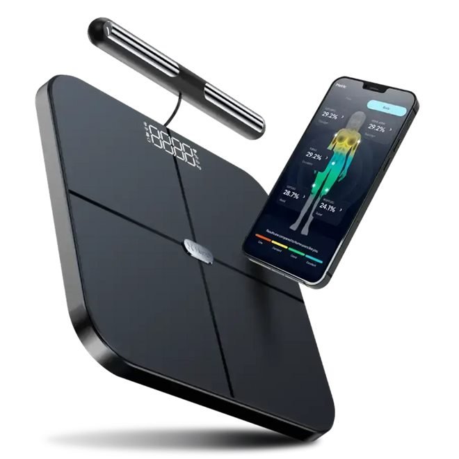 Hume Body Pod bioimpedance scale with retractable handlebar and phone app, reviewed by Lume-Trixa