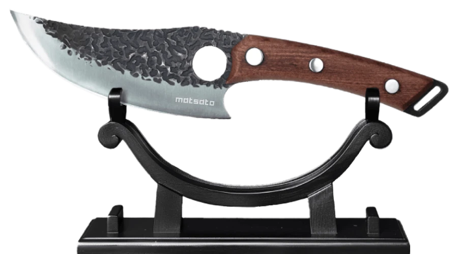 Matsato chef knife with ice-hardened blade and beech wood handle on a display stand, official product photo