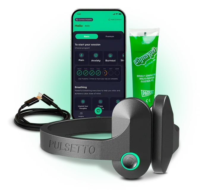 Pulsetto Fit device positioned on the side of the neck during a session
